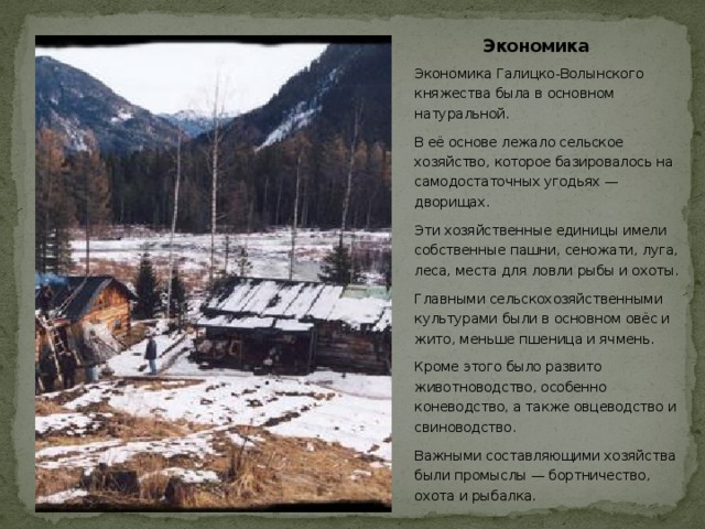 Экономика   Экономика Галицко-Волынского княжества была в основном натуральной. В её основе лежало сельское хозяйство, которое базировалось на самодостаточных угодьях — дворищах. Эти хозяйственные единицы имели собственные пашни, сеножати, луга, леса, места для ловли рыбы и охоты. Главными сельскохозяйственными культурами были в основном овёс и жито, меньше пшеница и ячмень. Кроме этого было развито животноводство, особенно коневодство, а также овцеводство и свиноводство. Важными составляющими хозяйства были промыслы — бортничество, охота и рыбалка.  