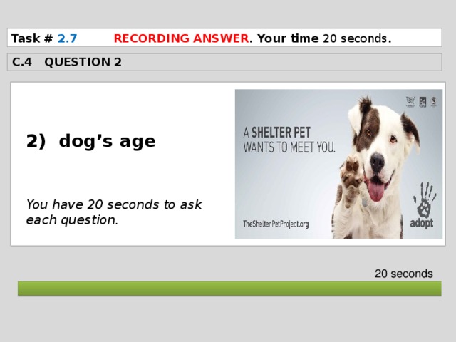 Task # 2.7  RECORDING ANSWER . Your time 20 seconds . C.4 QUESTION 2  2) dog’s age    You have 20 seconds to ask each question. 20 seconds  