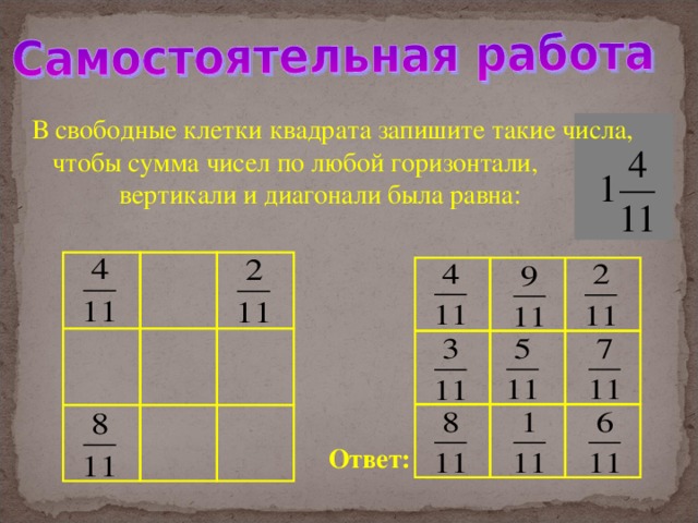 Найдите квадрат числа 4. Записать цифры в клетках квадрата. Сумма чисел в квадрате равны по диагоналям, вертикалям и горизонталям. Сумма по вертикали и горизонтали диагонали была равна. Расставьте числа в квадрате так чтобы по горизонтали.