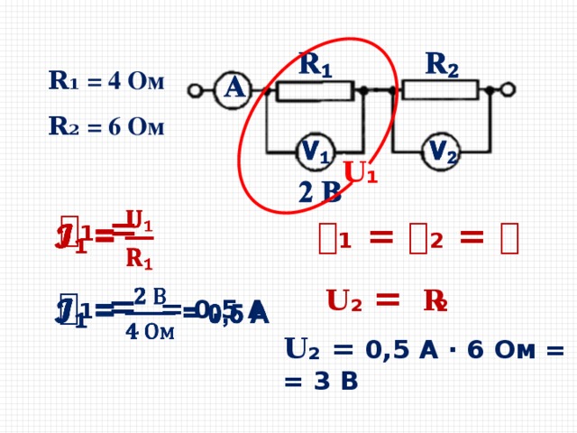 𝐑 ₁ = 4 Ом 𝐑 ₂ = 6 Ом 𝐔₁ 𝓘 ₁ =   𝓘 ₁ = 𝓘 ₂ = 𝓘 𝐔₂ = 𝓘𝐑₂ 𝓘 ₁ = = 0,5 А   𝐔₂ = 0,5 А · 6 Ом = = 3 В 