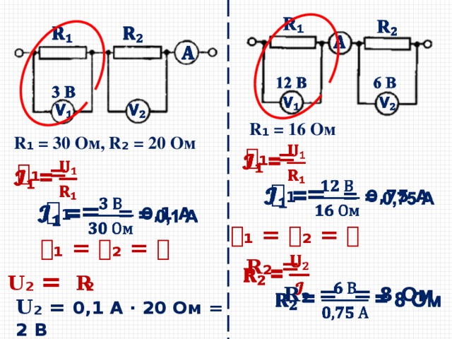 R ₁ = 16 Ом R ₁ = 30 Ом, R ₂ = 20 Ом   𝓘 ₁ = 𝓘 ₁ =     𝓘 ₁ = = 0,75 А   𝓘 ₁ = = 0,1 А 𝓘 ₁ = 𝓘 ₂ = 𝓘 𝓘 ₁ = 𝓘 ₂ = 𝓘   𝐑 ₂ = 𝐔₂ = 𝓘𝐑₂   𝐑 ₂ = = 8 Ом 𝐔₂ = 0,1 А · 20 Ом = 2 В 