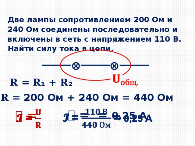 Две лампы сопротивлением 200 Ом и 240 Ом соединены последовательно и включены в сеть с напряжением 110 В. Найти силу тока в цепи. ⊗ ⊗   𝐑 = 𝐑₁ + 𝐑₂ 𝐑 = 200 Ом + 240 Ом = 440 Ом 𝓘  =  = 0,25 А    𝓘  =    