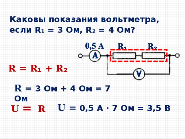 Каковы показания вольтметра,  если R ₁ = 3 Ом, R ₂ = 4 Ом? 𝐑 = 𝐑₁ + 𝐑₂ 𝐑 =  3 Ом + 4 Ом = 7 Ом  𝐔 = 𝓘𝐑 𝐔 = 0,5 А · 7 Ом = 3,5 В 