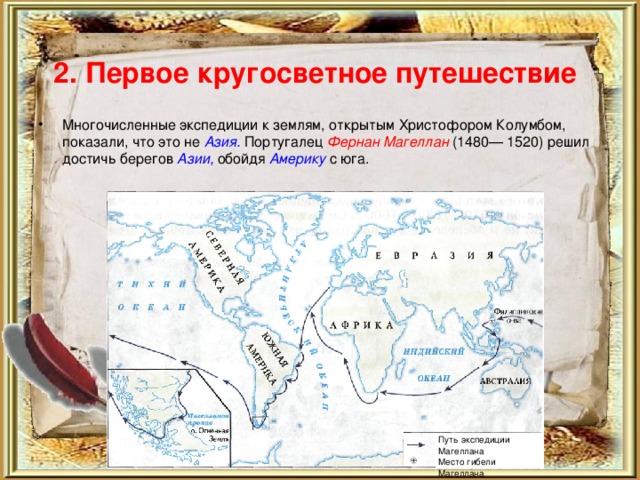 2. Первое кругосветное путешествие  Многочисленные экспедиции к землям, открытым Христофором Колумбом, показали, что это не Азия.  Португалец Фернан Магеллан  (1480— 1520) решил достичь берегов Азии,  обойдя Америку  с юга. Путь экспедиции  Магеллана Место гибели Магеллана 