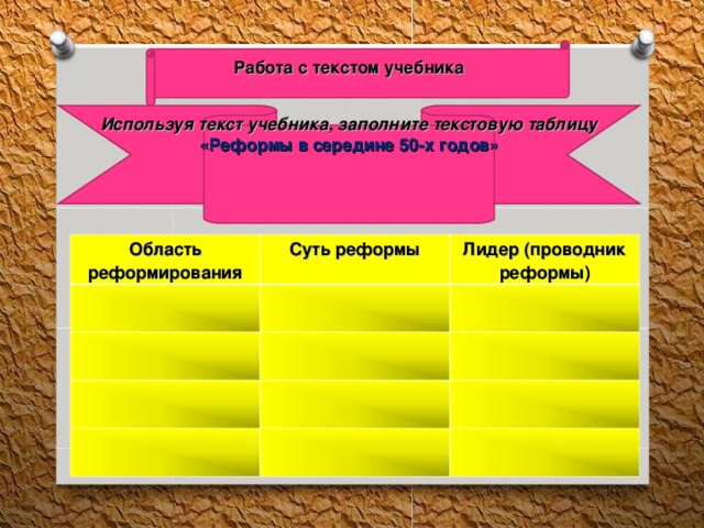 Работа с текстом учебника  Используя текст учебника, заполните текстовую таблицу «Реформы в середине 50-х годов»  Область реформирования Суть реформы Лидер (проводник реформы) 