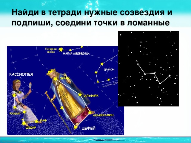 Найди в тетради нужные созвездия и подпиши, соедини точки в ломанные 