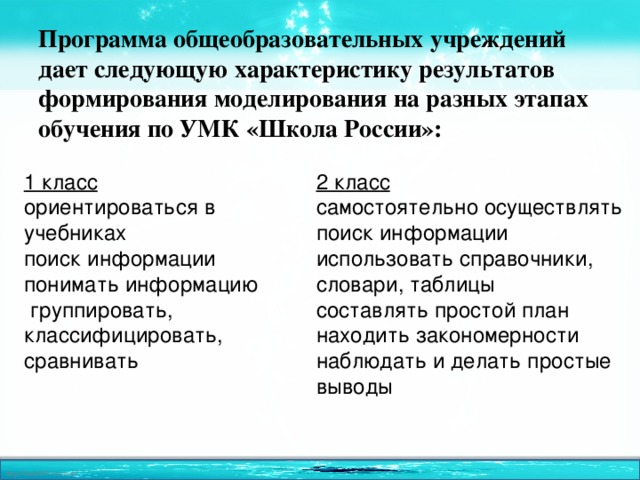 Программа общеобразовательных учреждений дает следующую характеристику результатов формирования моделирования на разных этапах обучения по УМК «Школа России»: 1 класс 2 класс ориентироваться в учебниках самостоятельно осуществлять поиск информации использовать справочники, словари, таблицы поиск информации составлять простой план понимать информацию находить закономерности  группировать, классифицировать, сравнивать наблюдать и делать простые выводы 