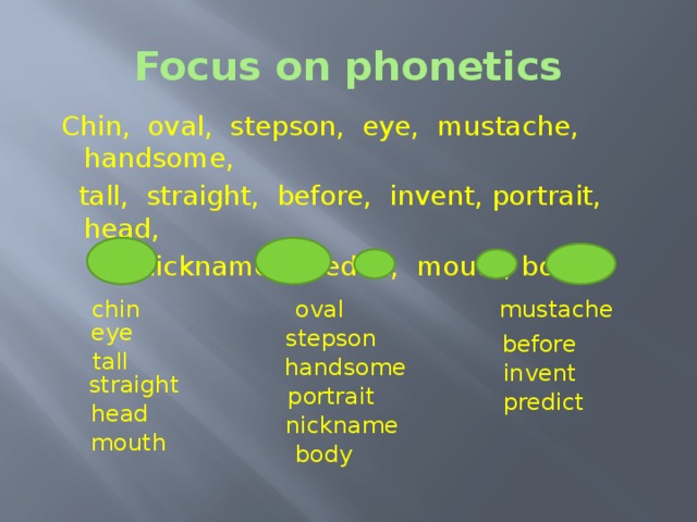 Focus on phonetics  Chin, oval, stepson, eye, mustache, handsome,  tall, straight, before, invent, portrait, head,  nickname, predict, mouth, body. mustache oval chin eye stepson before Focus on phonetics.  As usual we begin our lesson with practice your phonetic. Look at the screen. Listen and divide the words into following columns according to their intonation pattern.  Chin, oval, stepson, eye, mustache, handsome, tall, straight, before, invent, portrait, head, nickname, predict, mouth, body. First of all choose and read monosyllabic words. Now find and read the words with two syllables, in which the first syllable is stressed. Now find and read the words with two syllables, in which the second syllable is stressed.   tall handsome invent straight portrait predict head nickname mouth body  