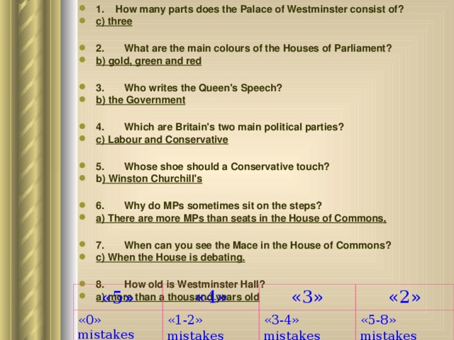 1. How many parts does the Palace of Westminster consist of? c) three  2.  What are the main colours of the Houses of Parliament? b) gold, green and red   3.  Who writes the Queen's Speech? b) the Government   4.  Which are Britain's two main political parties? c) Labour and Conservative  5.  Whose shoe should a Conservative touch? b ) Winston Churchill's   6.  Why do MPs sometimes sit on the steps? a) There are more MPs than seats in the House of Commons,  7.  When can you see the Mace in the House of Commons? c) When the House is debating.  8.  How old is Westminster Hall? a) more than a thousand years old   «5» «4» «0» mistakes «3» «1-2»  mistakes «2» «3-4»  mistakes «5-8»  mistakes 