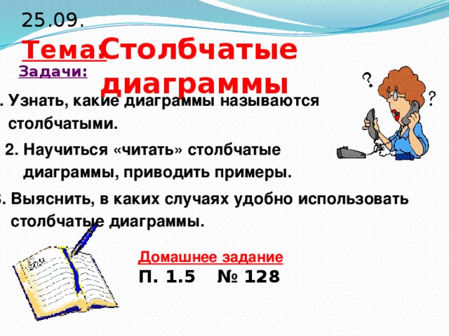 25.09. Столбчатые диаграммы Тема: Задачи: 1. Узнать, какие диаграммы называются  столбчатыми. 2. Научиться «читать» столбчатые  диаграммы, приводить примеры. 3. Выяснить, в каких случаях удобно использовать  столбчатые диаграммы. Домашнее задание П. 1.5  № 128  