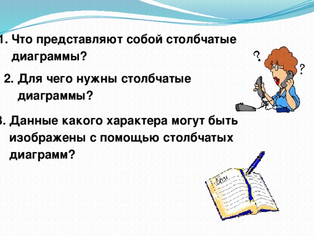 1. Что представляют собой столбчатые  диаграммы? 2. Для чего нужны столбчатые  диаграммы? 3. Данные какого характера могут быть  изображены с помощью столбчатых  диаграмм? 