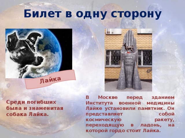 Лайка Билет в одну сторону В Москве перед зданием Института военной медицины Лайке установили памятник. Он представляет собой космическую ракету, переходящую в ладонь, на которой гордо стоит Лайка. Среди погибших была и знаменитая собака Лайка. 