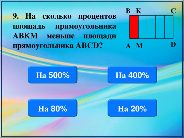 В К С 9. На сколько процентов площадь прямоугольника АВКМ меньше площади прямоугольника АВС D ? D А М На 500% На 400% На 80% На 20%