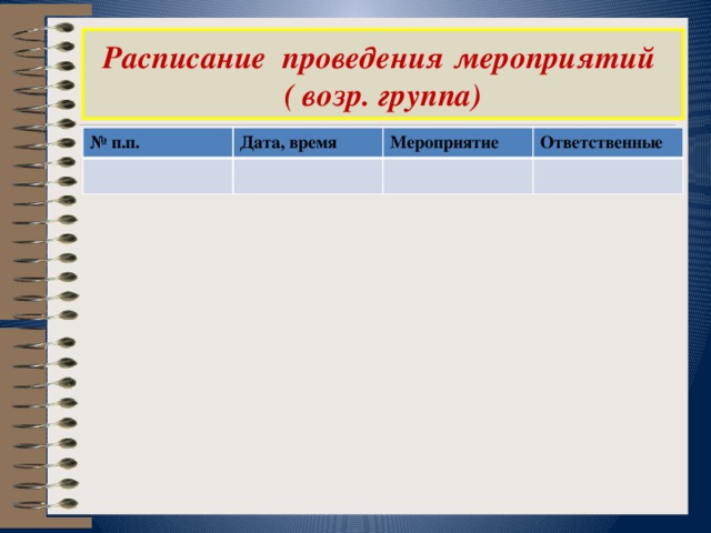 Расписание проведения мероприятий  ( возр. группа) № п.п. Дата, время Мероприятие Ответственные 