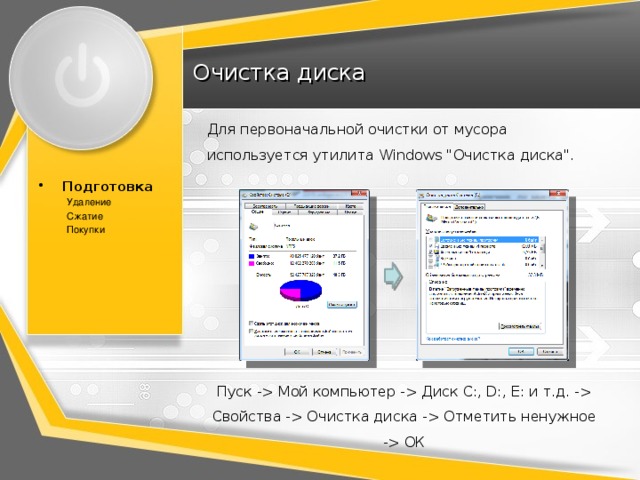 Очистка диска Для первоначальной очистки от мусора  используется утилита Windows 