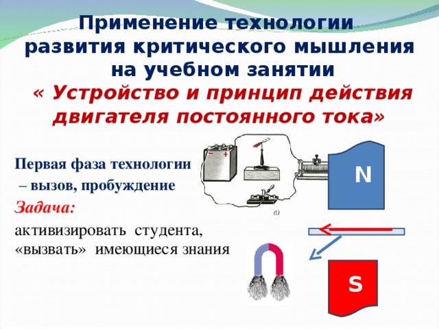 Применение технологии  развития критического мышления  на учебном занятии   « Устройство и принцип действия двигателя постоянного тока» Первая фаза технологии  – вызов, пробуждение Задача: активизировать студента, «вызвать» имеющиеся знания N S 