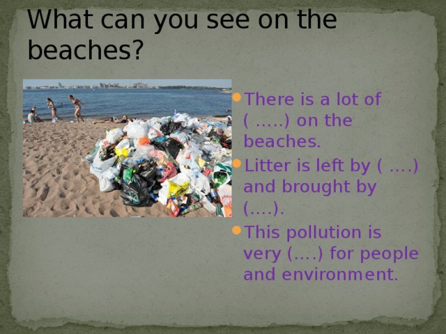 What can you see on the beaches? There is a lot of ( …..) on the beaches. Litter is left by ( ….) and brought by (….). This pollution is very (….) for people and environment. 