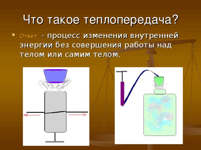 Что такое теплопередача? Ответ: - процесс изменения внутренней энергии без совершения работы над телом или самим телом.  