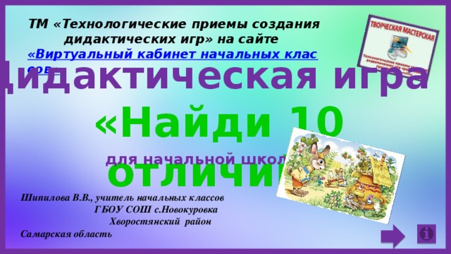 ТМ «Технологические приемы создания дидактических игр» на сайте «Виртуальный кабинет начальных классов» Дидактическая игра «Найди 10 отличий» для начальной школы Шипилова В.В., учитель начальных классов ГБОУ СОШ с.Новокуровка Хворостянский район Самарская область 