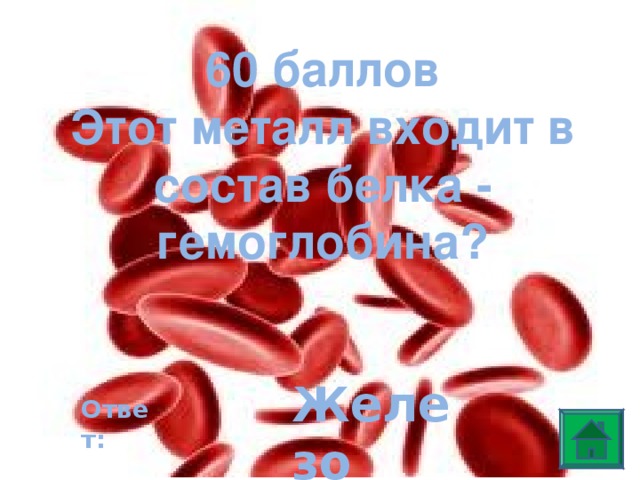 60 баллов Этот металл входит в состав белка - гемоглобина? Железо Ответ: