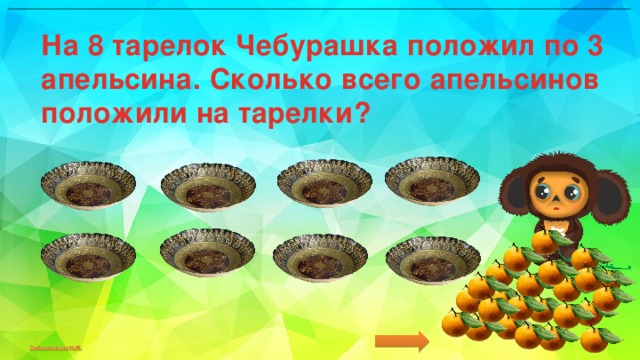 На 8 тарелок Чебурашка положил по 3 апельсина. Сколько всего апельсинов положили на тарелки? 