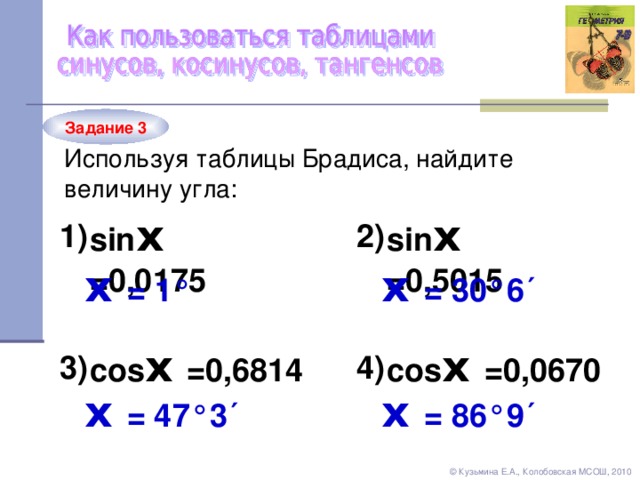 Задание 3 Используя таблицы Брадиса, найдите  величину угла: sin х  = 0,0175 sin х  = 0,5015 2) 1) х  = 30°6´ х  = 1 ° cos х  = 0, 6814 cos х  = 0, 0670 3) 4) х  = 86°9´ х  = 47°3´ ©  Кузьмина Е.А., Колобовская МСОШ, 2010 