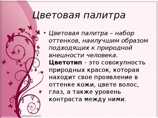 Цветовая палитра Цветовая палитра – набор оттенков, наилучшим образом подходящих к природной внешности человека. Цветотип  - это совокупность природных красок, которая находит свое проявление в оттенке кожи, цвете волос, глаз, а также уровень контраста между ними.  