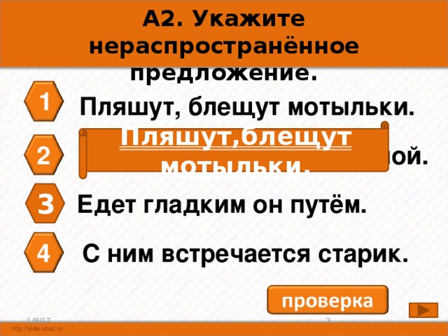 А2. Укажите нераспространённое предложение. 1 Пляшут, блещут мотыльки. Пляшут,блещут  мотыльки . 2 В лес въезжает витязь мой. 3 Едет гладким он путём. 4 С ним встречается старик. 2 1/8/17 