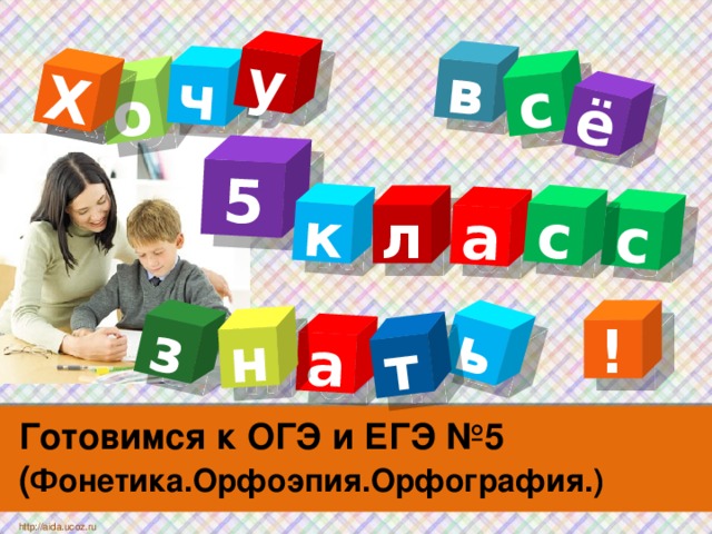Х в о а ь ч т с з ё у н Х 5 к а с с л ! Готовимся к ОГЭ и ЕГЭ №5  ( Фонетика.Орфоэпия.Орфография.) http://aida.ucoz.ru 