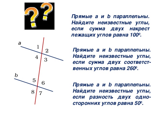 Прямые а и b параллельны. Найдите неизвестные углы, если сумма двух накрест лежащих углов равна 100 0 . а 1 Прямые а и b параллельны. Найдите неизвестные углы, если сумма двух соответст-венных углов равна 260 0 . 2 4 3 b 5 6 Прямые а и b параллельны. Найдите неизвестные углы, если разность двух одно-сторонних углов равна 50 0 . 8 7 