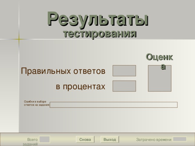 Результаты   тестирования Подождите! Идет обработка данных Оценка Правильных ответов в процентах Ошибки в выборе ответов на задания:  Снова Выход Затрачено времени Всего заданий 16 