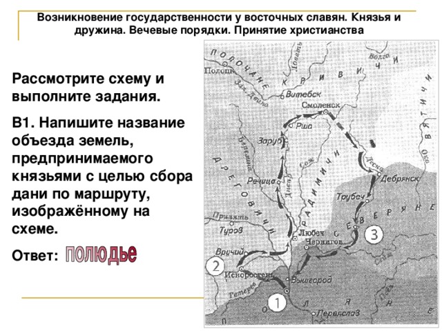 Возникновение государственности у восточных славян. Князья и дружина. Вечевые порядки. Принятие христианства Рассмотрите схему и выполните задания. В1. Напишите название объезда земель, предпринимаемого князьями с целью сбора дани по маршруту, изображённому на схеме. Ответ: 