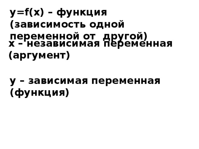 у=f(x) – функция (зависимость одной переменной от другой) х – независимая переменная (аргумент) у – зависимая переменная (функция) 