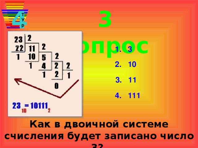 4 3 вопрос Т У р 1. 3 2. 10 3. 11 4. 111 Как в двоичной системе счисления будет записано число 3?