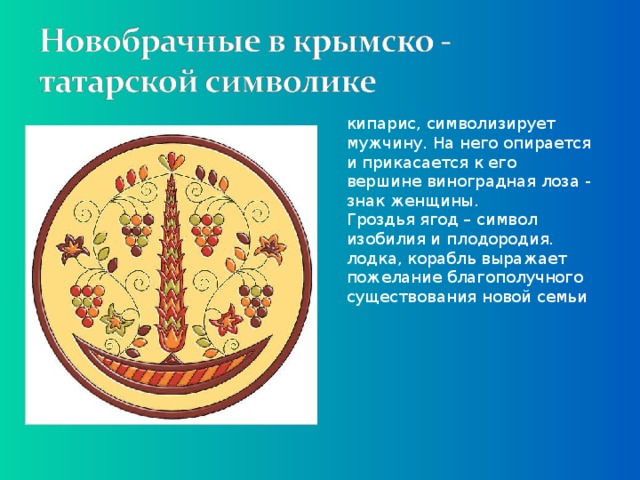 кипарис, символизирует мужчину. На него опирается и прикасается к его вершине виноградная лоза - знак женщины. Гроздья ягод – символ изобилия и плодородия. лодка, корабль выражает пожелание благополучного существования новой семьи 