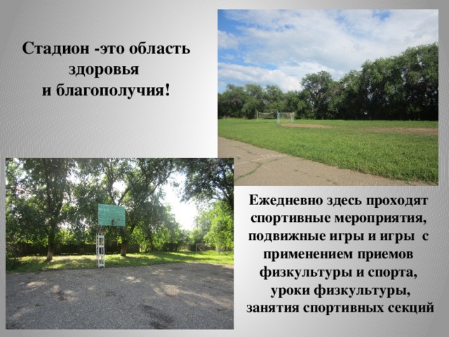  Стадион -это область здоровья и благополучия!    Ежедневно здесь проходят спортивные мероприятия, подвижные игры и игры с применением приемов физкультуры и спорта,  уроки физкультуры,  занятия спортивных секций  