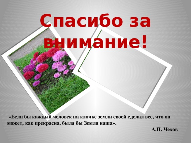 Спасибо за внимание!   « Если бы каждый человек на клочке земли своей сделал все, что он может, как прекрасна, была бы Земля наша».  А.П. Чехов 