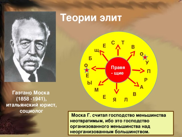 Теории элит Т С Е В щ о Б Правя- щие У о П Е Р Ы А М Гаэтано Моска (1858 -1941), итальянский юрист, социолог В Е Л Я   Моска Г. считал господство меньшинства неотвратимым, ибо это господство организованного меньшинства над неорганизованным большинством. 