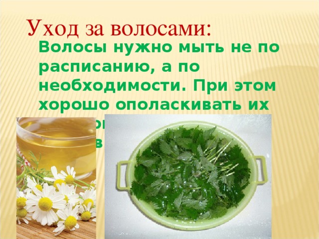 Уход за волосами: Волосы нужно мыть не по расписанию, а по необходимости. При этом хорошо ополаскивать их отваром ромашки или крапивы. 