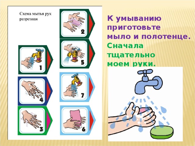 К умыванию приготовьте мыло и полотенце. Сначала тщательно моем руки. 