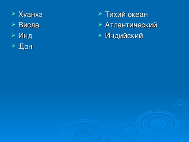 Хуанхэ Висла Инд Дон  Тихий океан Атлантический Индийский  
