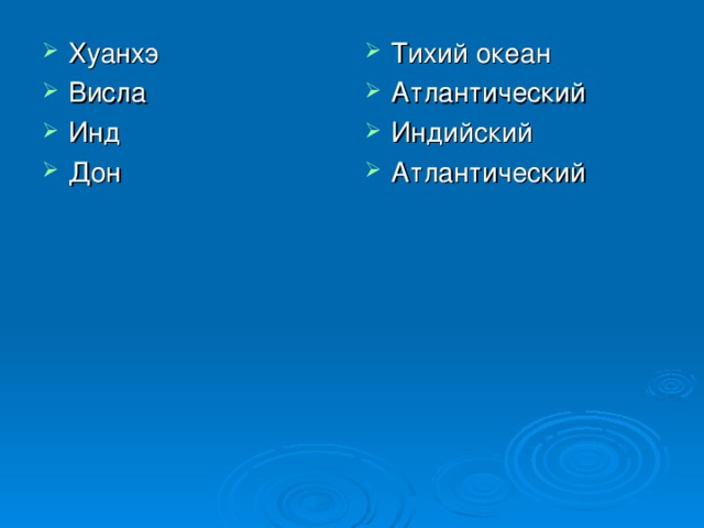 Хуанхэ Висла Инд Дон   Тихий океан Атлантический Индийский Атлантический 