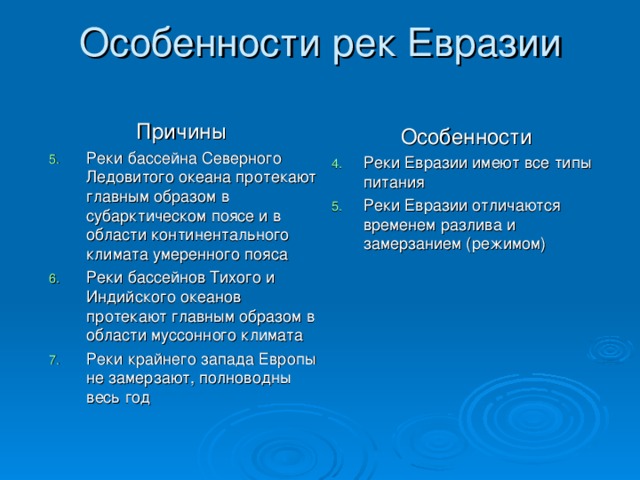 Реки евразии список. Особенности внутренних вод Евразии. Особенности рек Евразии. Особенности рек. Характеристика рек Евразии таблица.