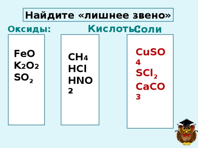  Найдите «лишнее звено» Оксиды: Кислоты: Cоли FFFFF H Z   CuSO 4 SCl 2 CaCO 3  FeO  K 2 O 2  SO 2  CH 4 HCl HNO 2 