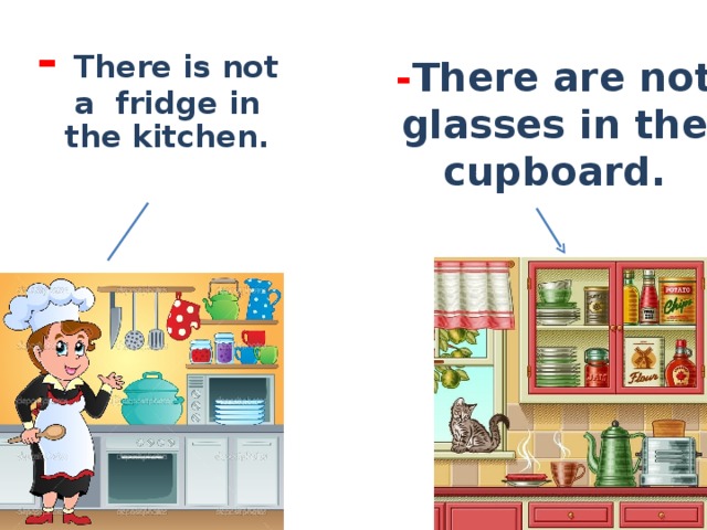 -  There is not a  fridge in the kitchen.      - There are not  glasses in the  cupboard.