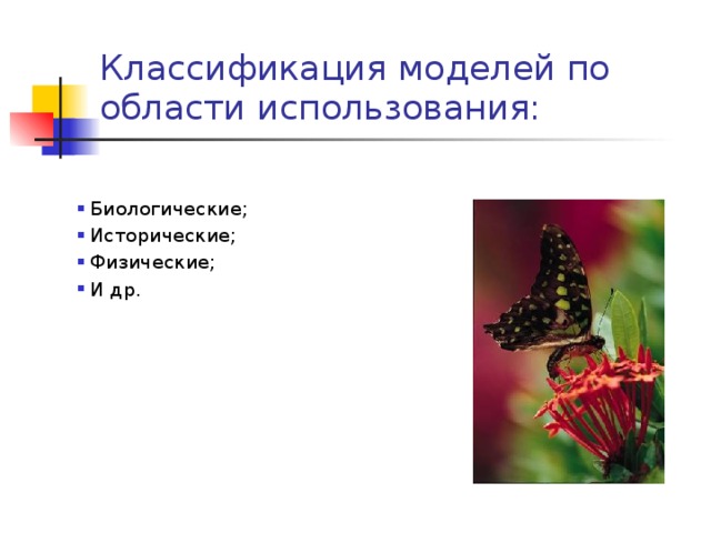 Классификация моделей по области использования: Биологические; Исторические; Физические; И др. 