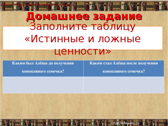 Заполните таблицу «Истинные и ложные ценности жизни» Заполните таблицу «Истинные и ложные ценности жизни» Заполните таблицу «Истинные и ложные ценности жизни» Домашнее задание Заполните таблицу «Истинные и ложные ценности» Каким был Алёша до получения конопляного семечка? Каким стал Алёша после получения конопляного семечка? 09.01.17  