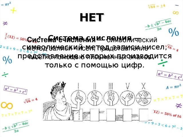 НЕТ Система счисления  — символический метод записи чисел, представление которых производится только с помощью цифр. Система счисления  — символический метод записи чисел, представление чисел с помощью письменных знаков