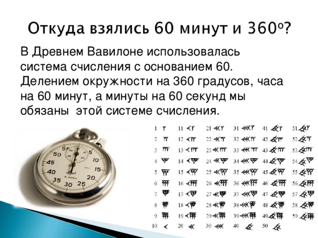 В Древнем Вавилоне использовалась система счисления с основанием 60. Делением окружности на 360 градусов, часа на 60 минут, а минуты на 60 секунд мы обязаны этой системе счисления.