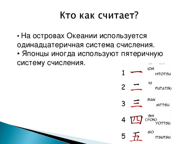 • На островах Океании используется одинадцатеричная система счисления. • Японцы иногда используют пятеричную систему счисления.